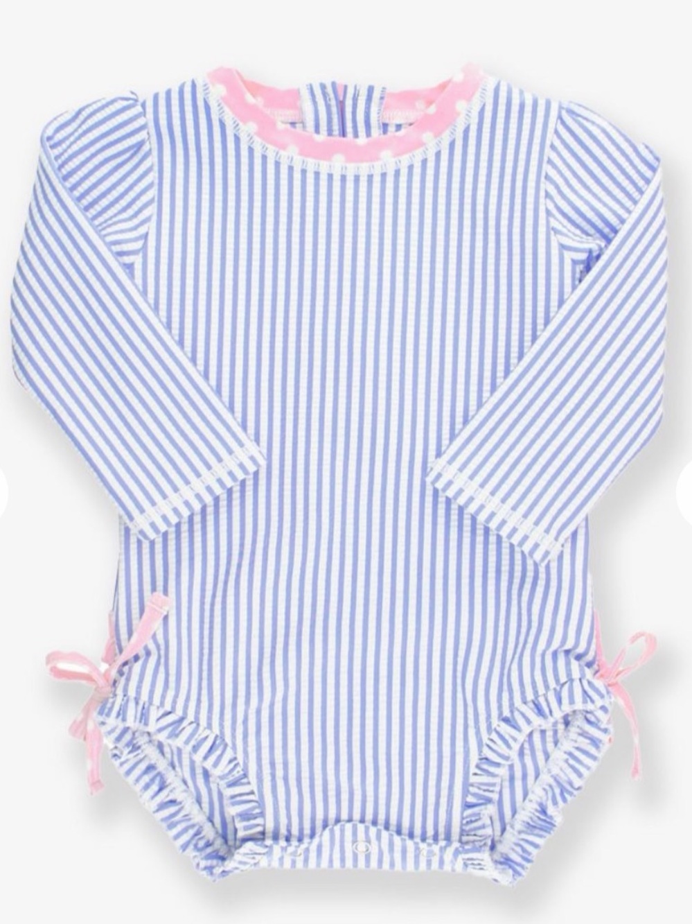 Ruffle Butts Swimsuit, Periwinkle Blue Seersucker, Pink Long Sleeve Rash Guard